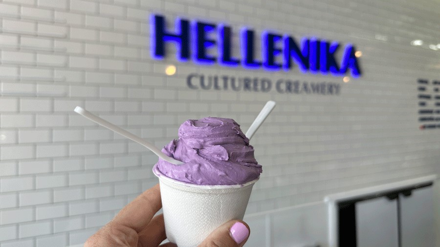 A purple yogurt cup from Hellenika in Pike Place Market