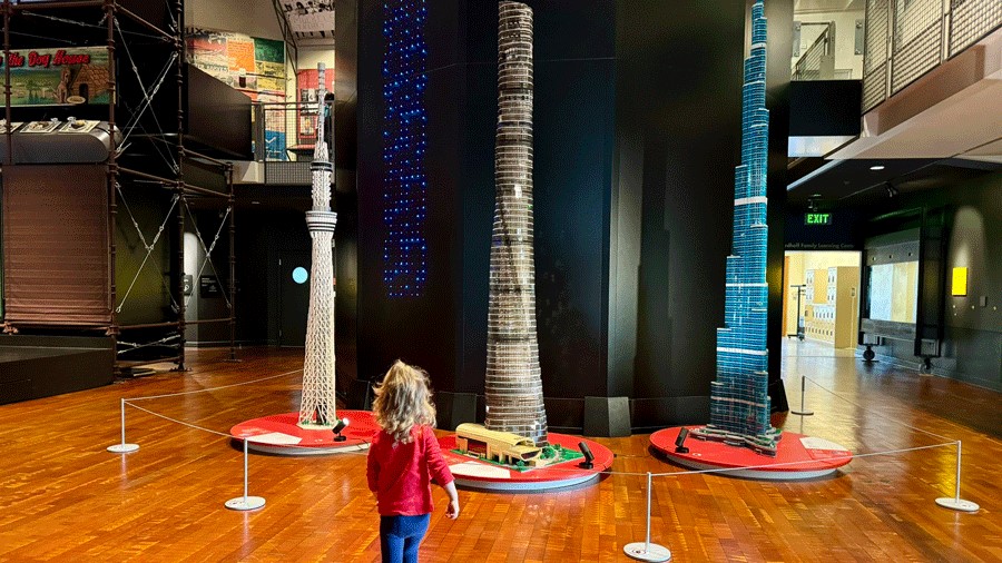 Lobby of MOHAI with tall skyscrapers