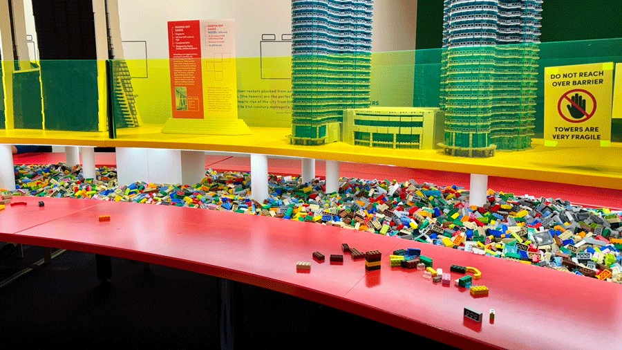 Loose bricks under a display at the Towers of Tomorrow with Lego Bricks exhibit