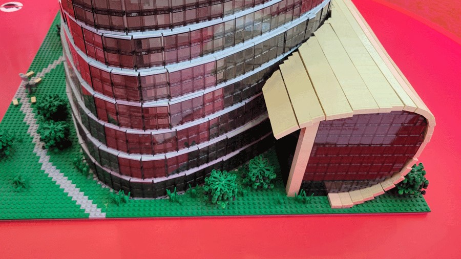 Close-up look at the Shanghai Tower Lego replica with individual Lego bricks visible
