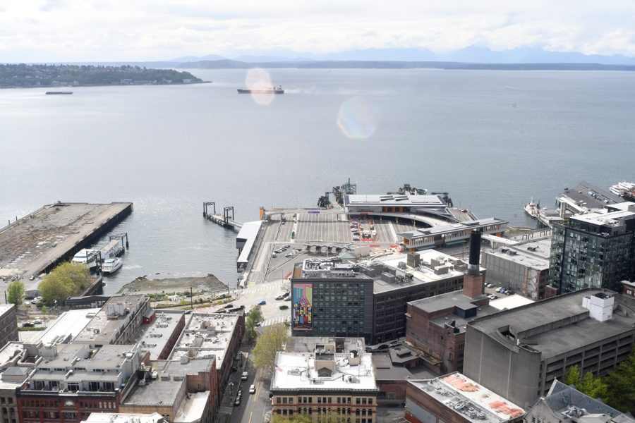 "View of Elliott Bay from the Smith Tower Observatory, including the new Habitat Beach next to the ferry terminal pioneer square family activities"