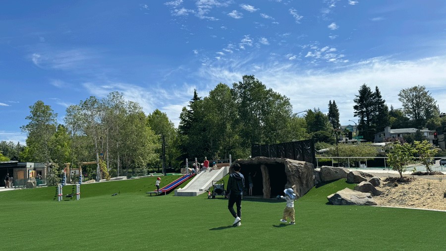 Park with playground in Seattle includes large turf field, slides and climbing structures