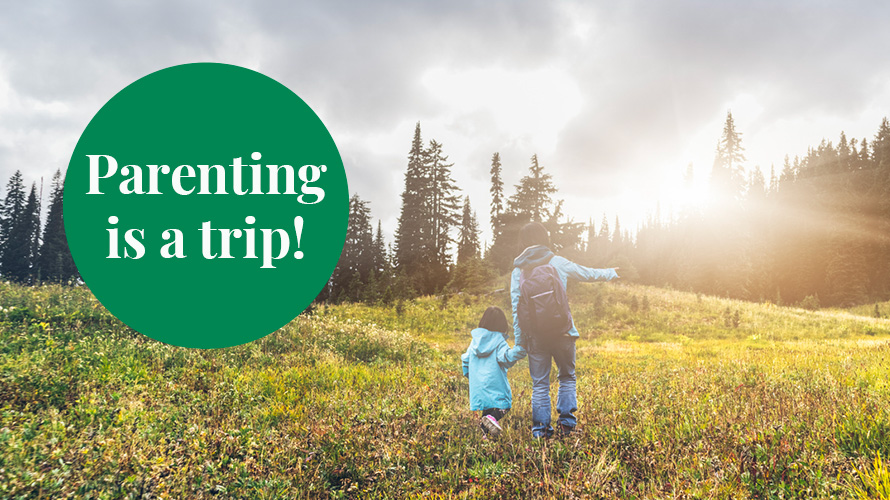 Mom hiking with daughter in Washington with text overlay that reads 'Parenting is a trip.'