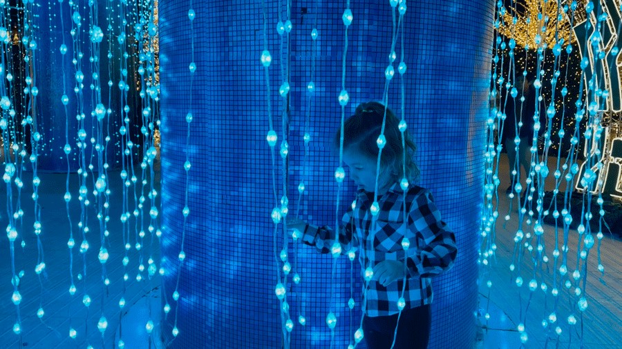 young girl interacting with the blue lights at Enchant Christmas, a holiday light display and maze in Seattle