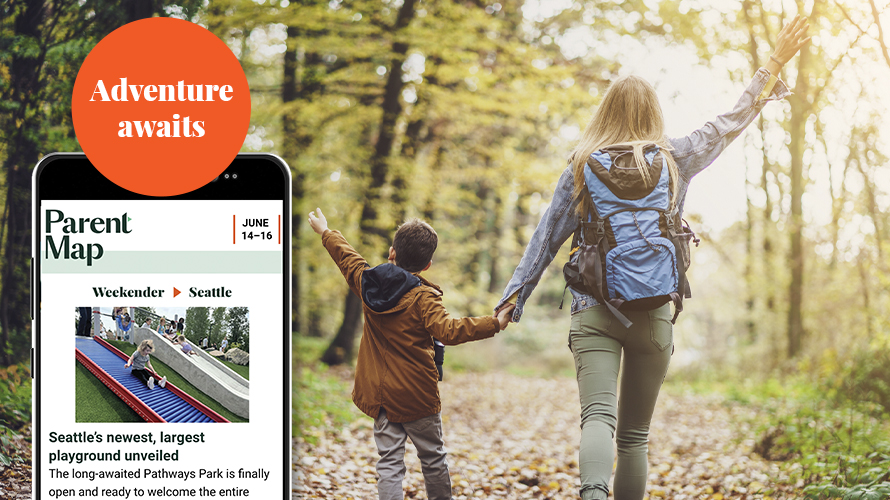 Adventure awaits headline with image of ParentMap email newsletter on a mobile screen and photo of two boys hiking in the PNW