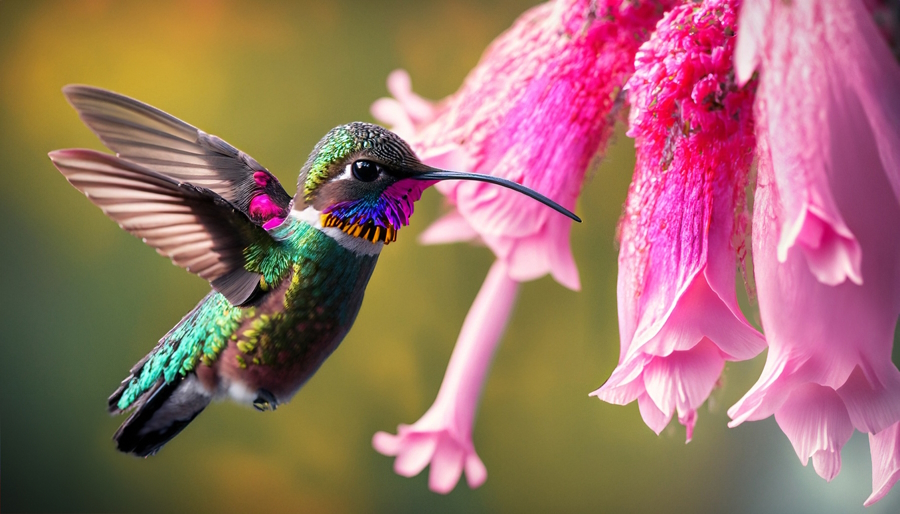 Hummingbird next to a flower