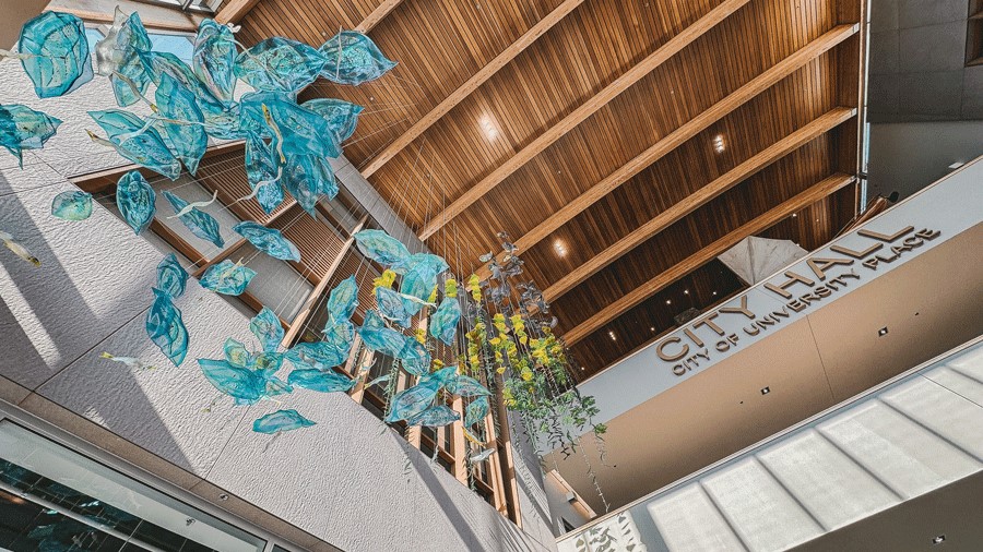 a view of art in the University Place Library, an indoor place for South Sound and Tacoma families to visit on a rainy day