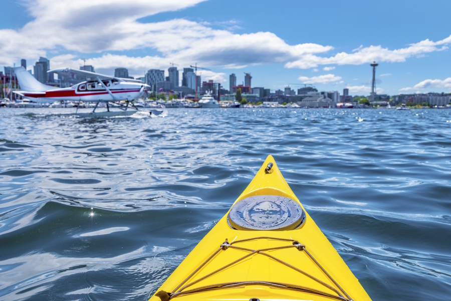 view of Seattle from a kayak in Lake Union