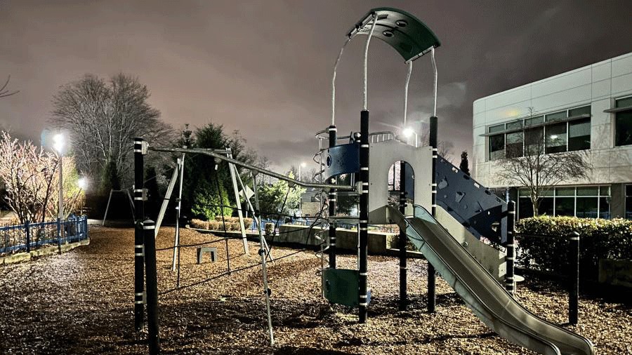 Feriton Spur Park, a Kirkland playground with lights at night