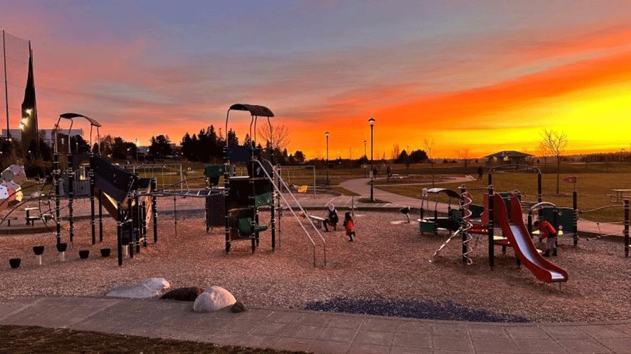 sunset at Jefferson Park, a Seattle playground with lighting for evening play