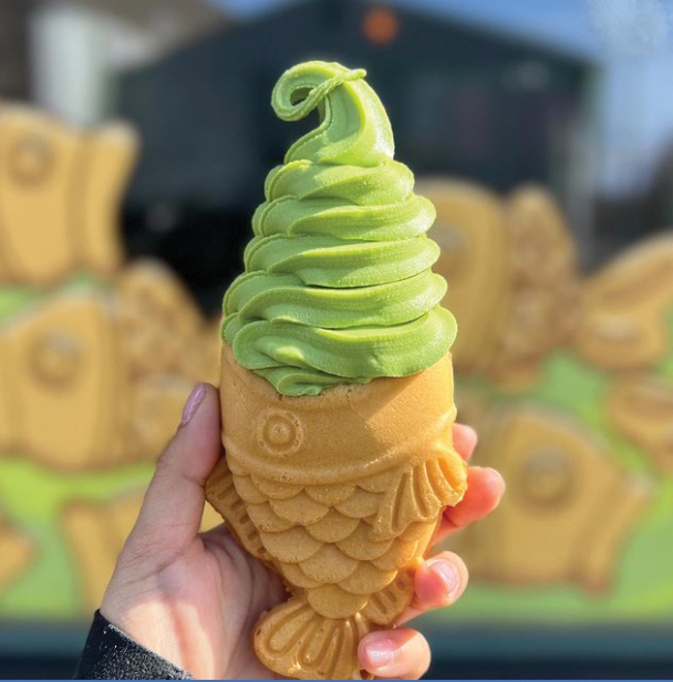 A fish shaped ice cream cone at Macha Man Ice Cream