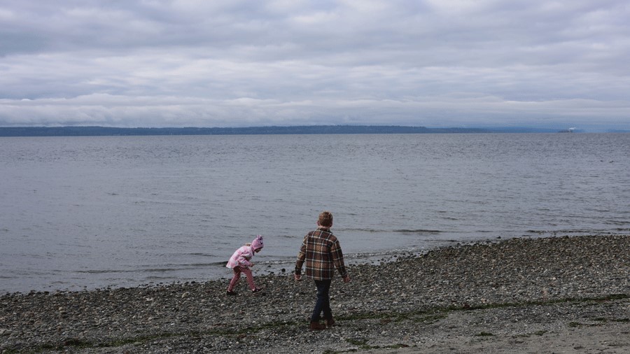 kids beachcombing on a scenic Seattle winter hike at Meadowdale Beach Park