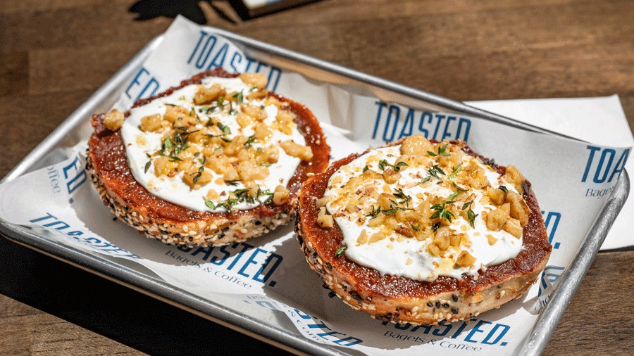 date and labneh bagel from Toasted., a Seattle bagel shop