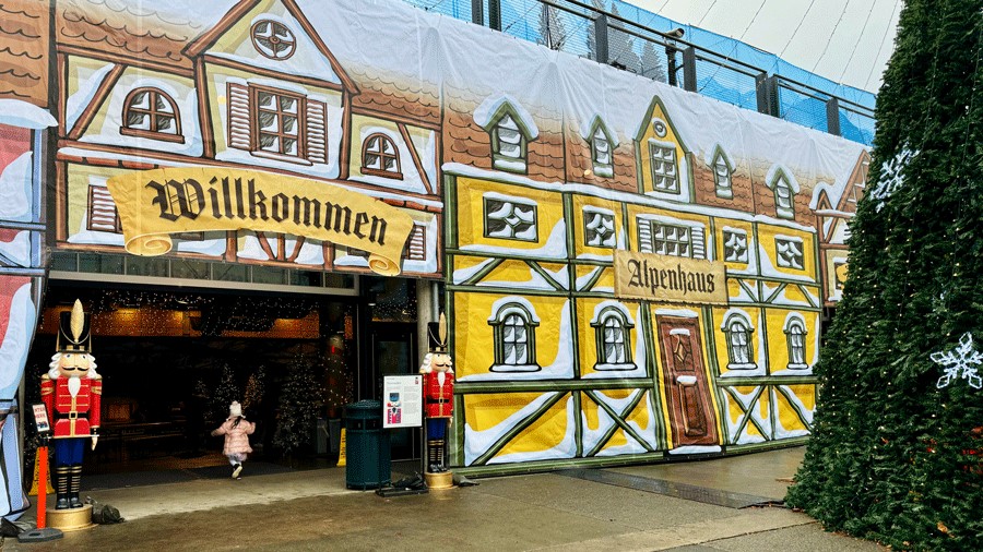 Seattle Christmas Market indoor dining spot, the Alpen Haus, a ski chalet-inspired dining and social hall with kids activities