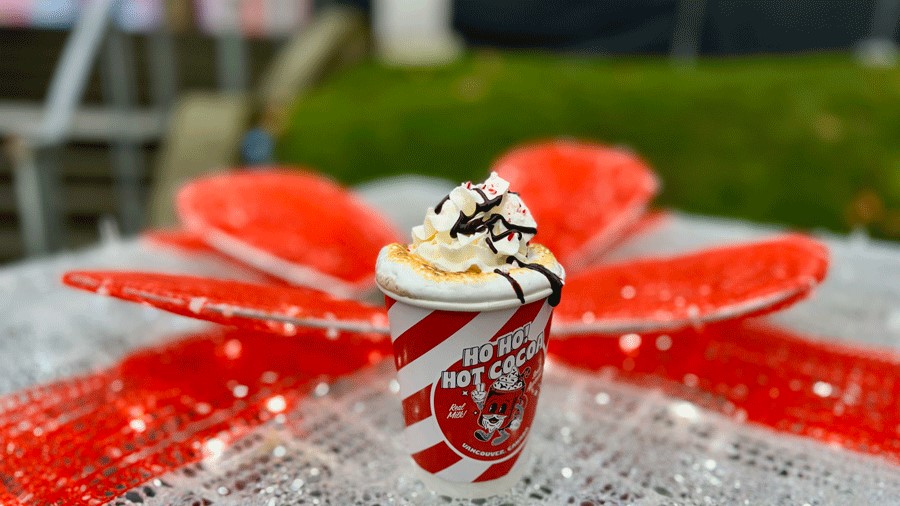 festive hot chocolate with marshmallow and whipped cream topping from one of the vendors at Seattle Christmas Market