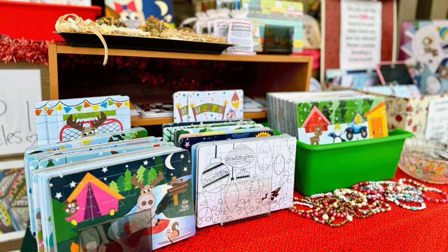 kids puzzles at a booth at the Seattle Christmas Market