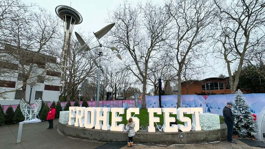 Frohes Fest sign at Seattle Christmas Market, a European holiday market with family-friendly activities