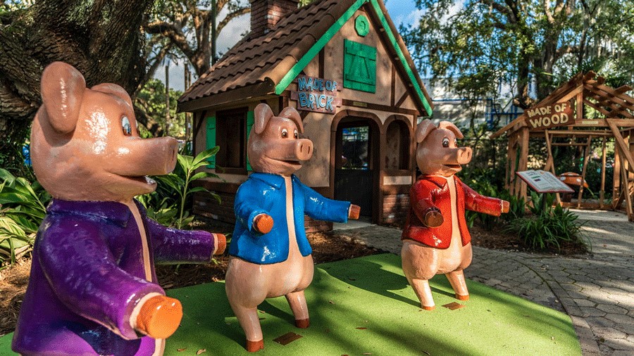 three little pigs storybook characters at City Park in New Orleans, a winter destination for Seattle families