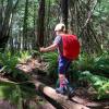 a boy on a log on a hike in kitsap county washington wearing a red backpack