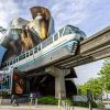 The Seattle Monorail on its track outside of MoPOP at Seattle Center, one of the best train adventures for families