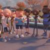 Group of kids standing around looking at cheese on a play ground in Diary of a Wimpy kid animatedmovie