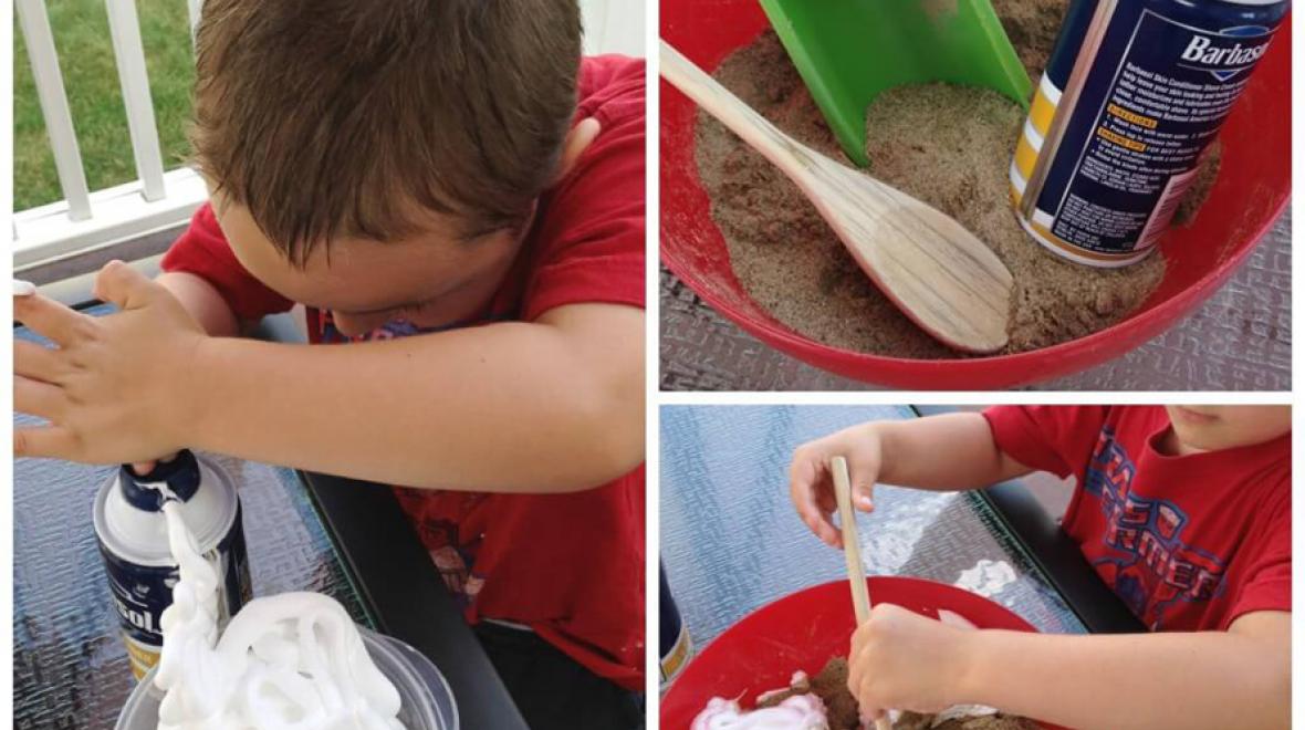 shaving cream and sand activity bin