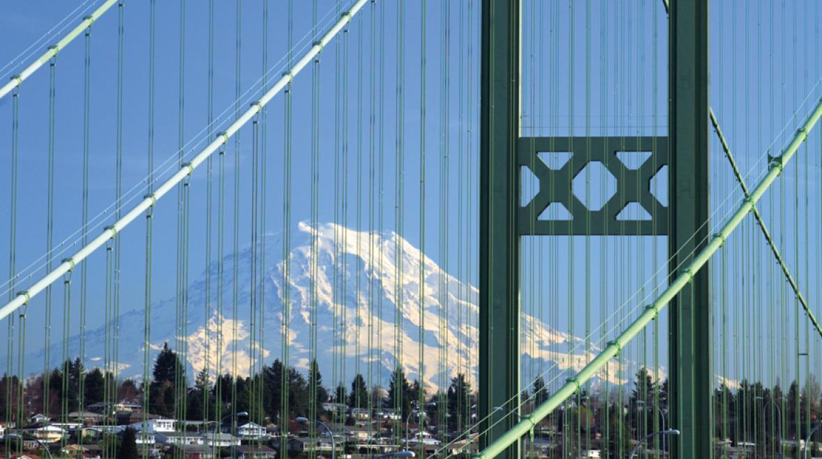 Tacoma Narrows Bridge with the mountain in the background