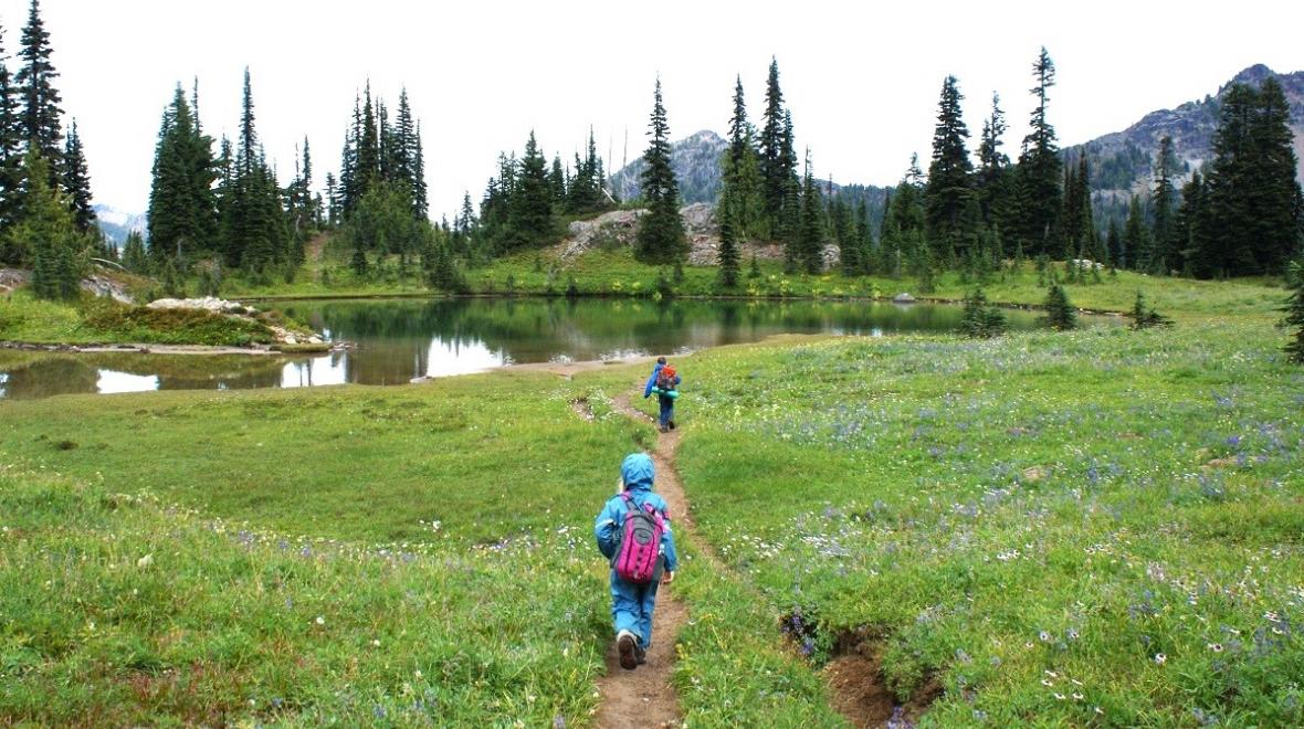 Kids hiking toward a lake through a meadow on the Naches Peak Loop