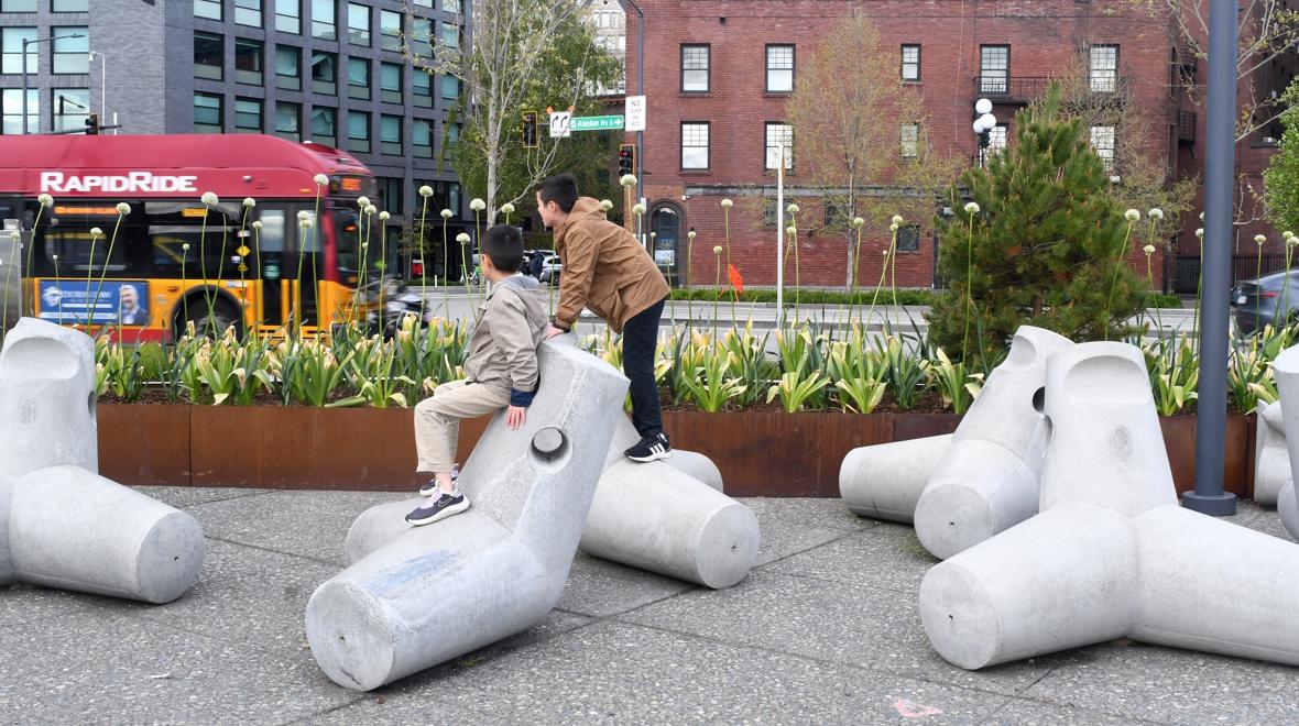 Habitat Beach dolosse sculptures kids playing pioneer square