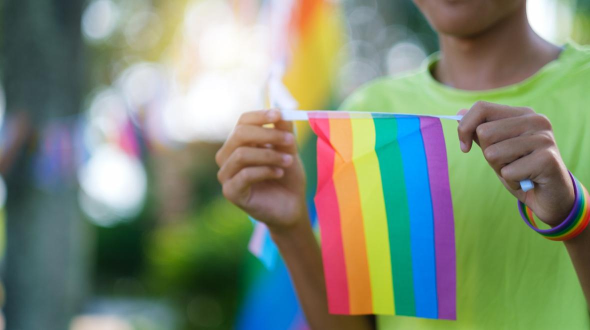 a child holds an LGBTQ Pride flag 