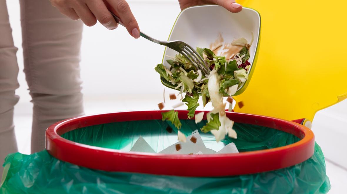 A salad being scaped into a garbage can, ways to reduce food waste and your foodprint
