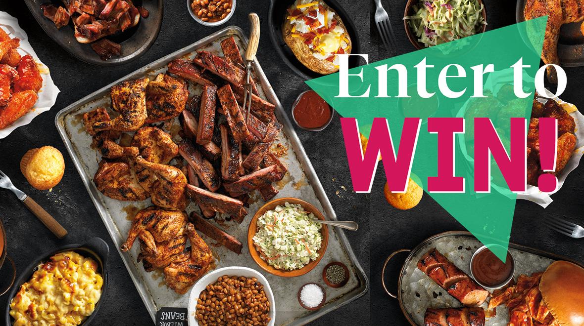 "Enter to Win!" text over BBQ feast
