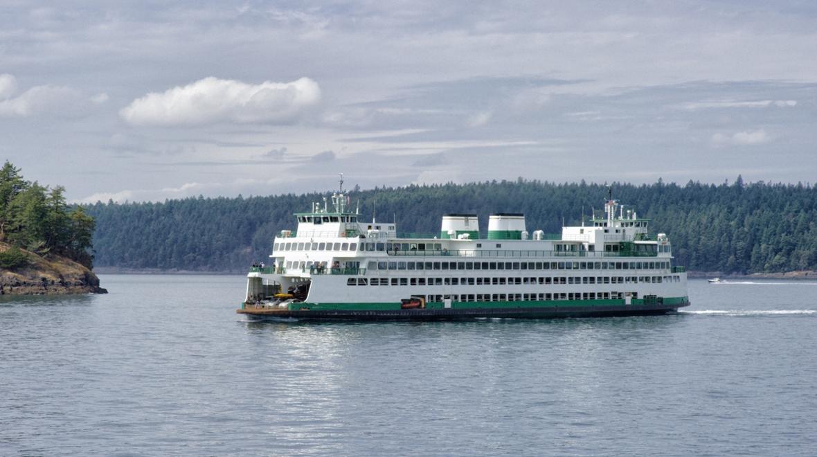 A ferry boat traveling between islands in the San Juans.  