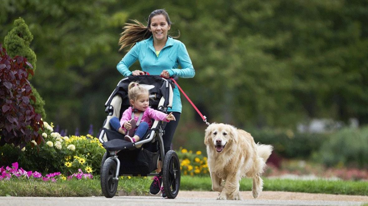 Mom jogs on a stroller-friendly trail near Seattle with her toddler and dog