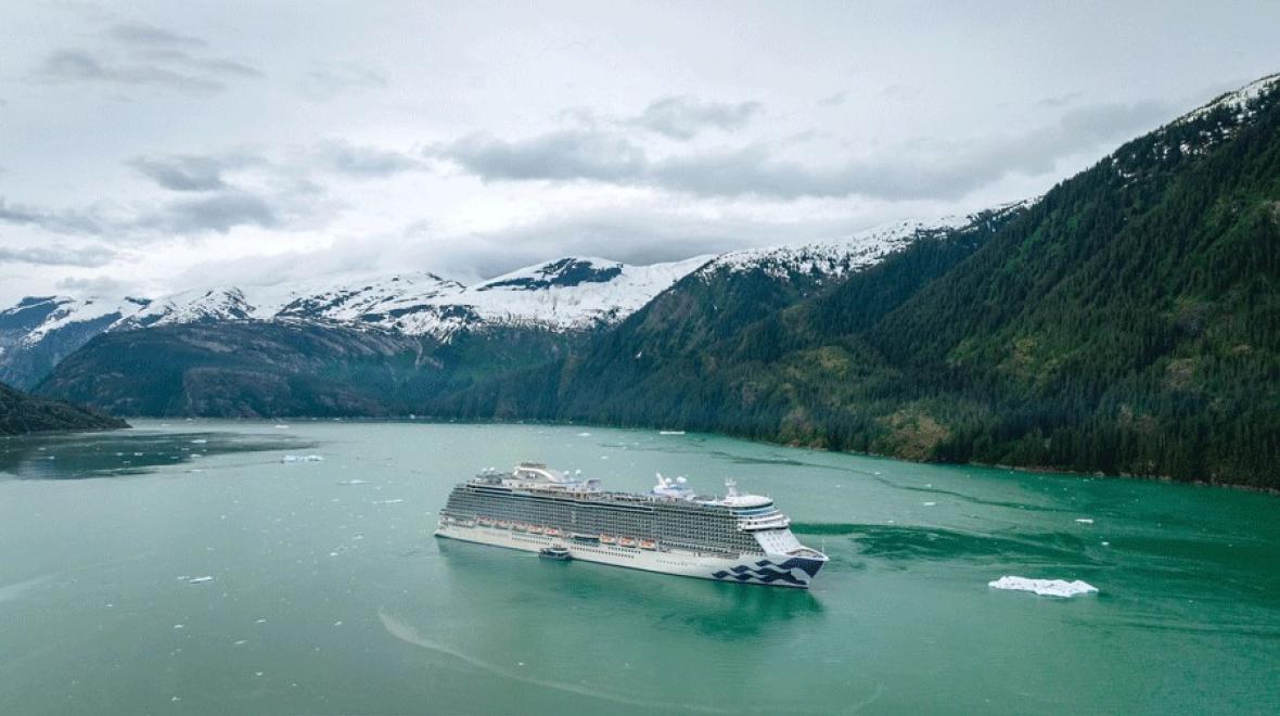 Aerial view of a Princess cruise ship on an Alaskan cruise with views of the water and mountains, a must-see for Seattle families