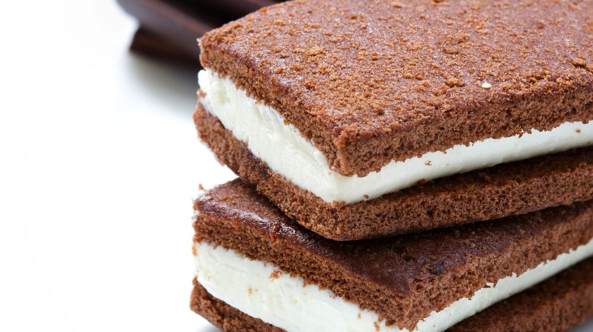 Ice cream sandwich made with vanilla ice cream and brownies