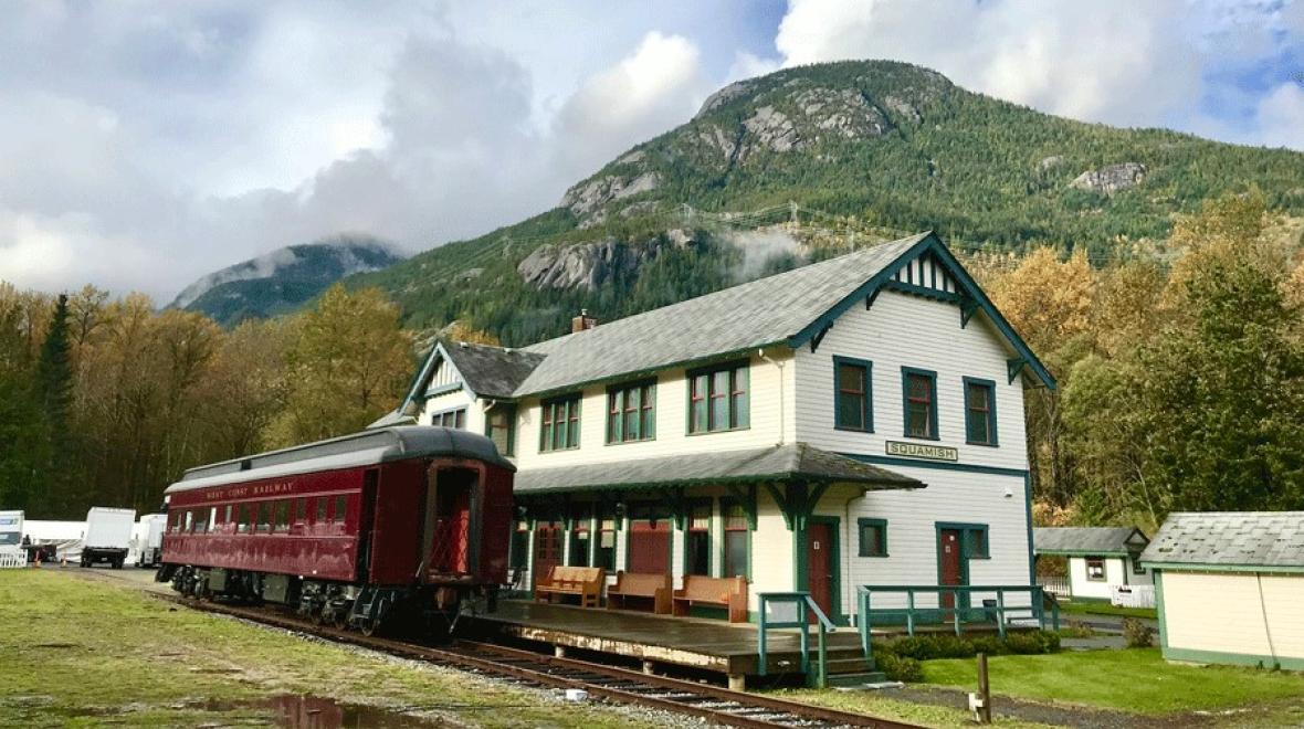 Train at the station outside the Railway Museum of British Columbia