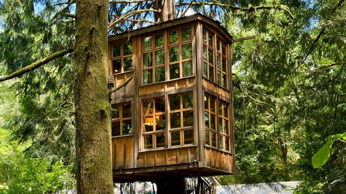 The Trillium tree house rental at TreeHouse Point in Fall City has 80 window panes