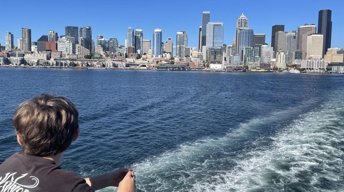 view of the Seattle waterfront from a ferry