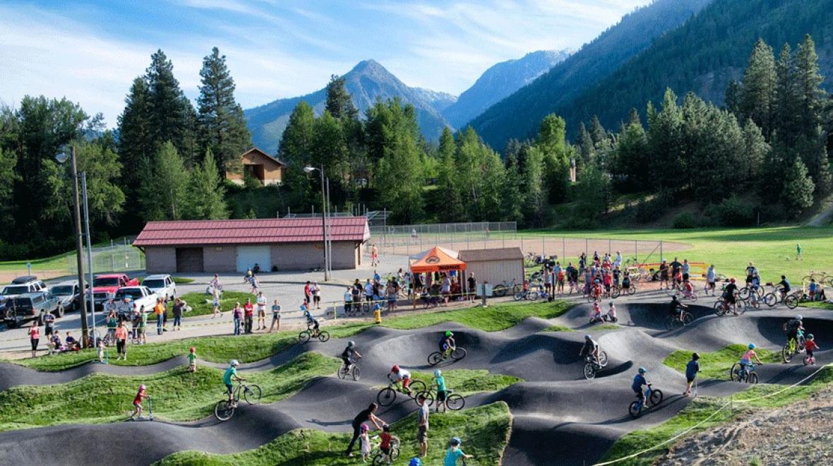 Aerial view of the pump track at Enchantment Park, Leavenworth, a bike pump track outside of the Seattle area