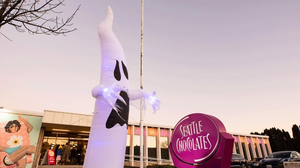 Haunted Chocolate Factory Tour decorations at Seattle Chocolate, a family-friendly Halloween activity