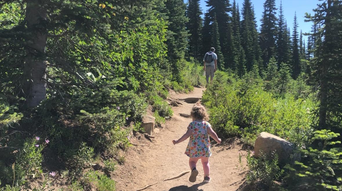 a young girl on a kid-friendly hiking trail at Naches Peak Loop Trail