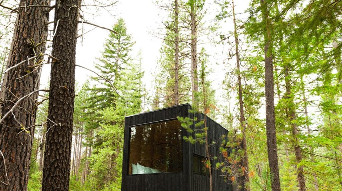 exterior view of the Portland Getaway Cabin, now called Postcard Cabins, a Seattle-area cabin rental for families