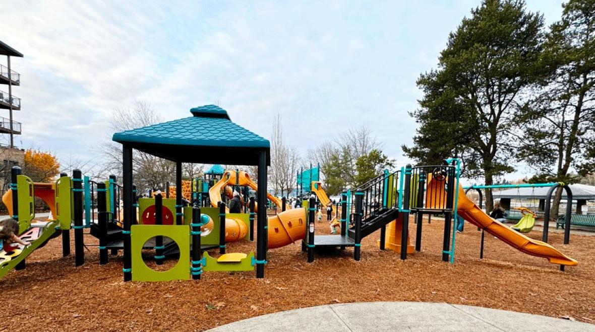 View of the playground at Gene Coulon Memorial Park in Renton, an Eastside playground with waterfront views