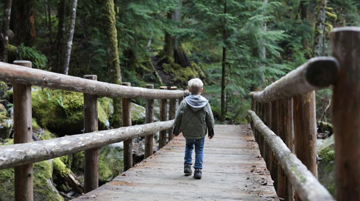 young boy on a scenic hike during winter near Seattle