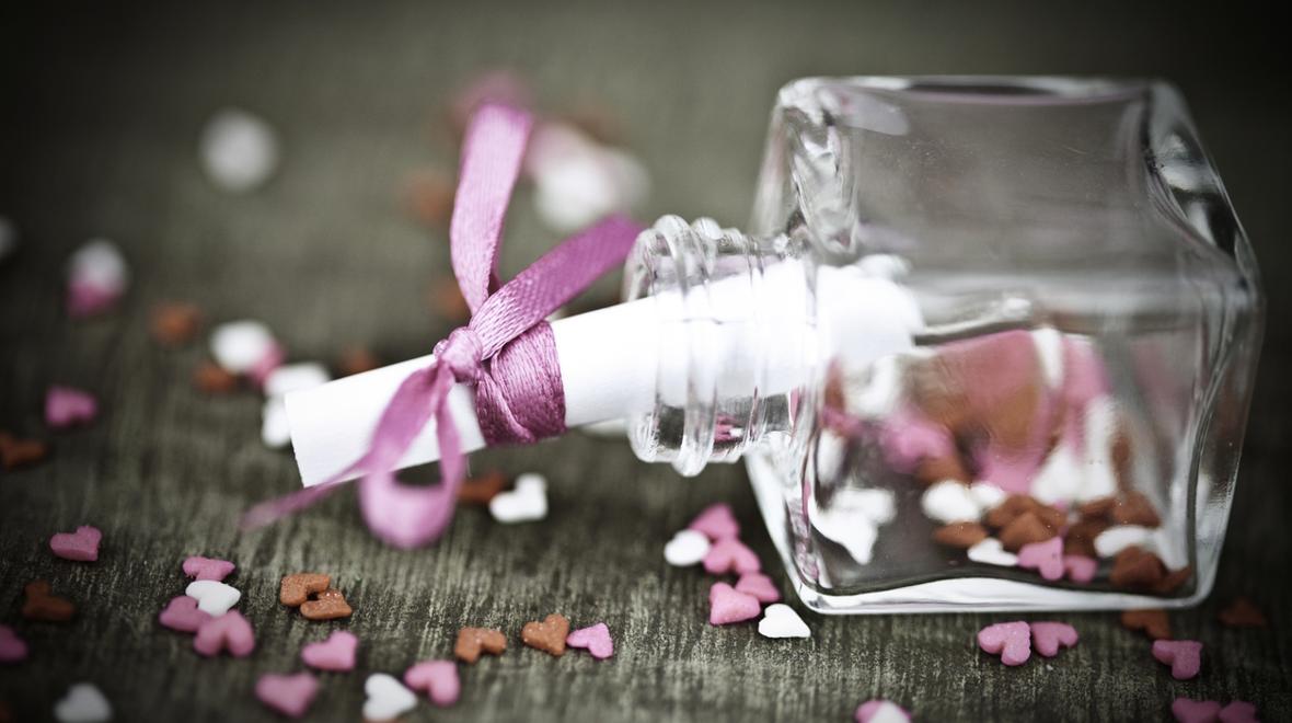 Secret message in a glass bottle tied with ribbon