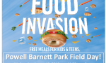 Picture of flying bagels and other food in the food invasion. Powell Barnett Summer Food Invasion Field Day! Wednesday, August 10, 11:30-3 pm!