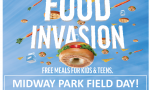 Photo: Food flying across top like a space invasion with children looking up at the invading food. Text: Midway Park Field Day! Wednesday, August 17th from 11:30 - 3 pm.