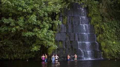 The waterfall and swimming area at Tenino Quarry Pool