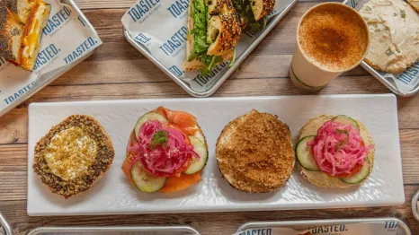 Bagel flight at Toasted., a Seattle bagel spot for families